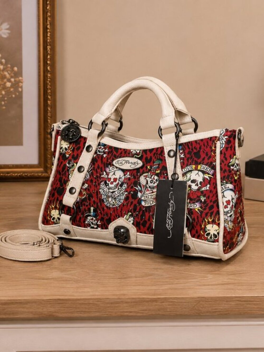 Ed Hardy Red Leopard Skull Satchel Bag Convertible Strap NWT